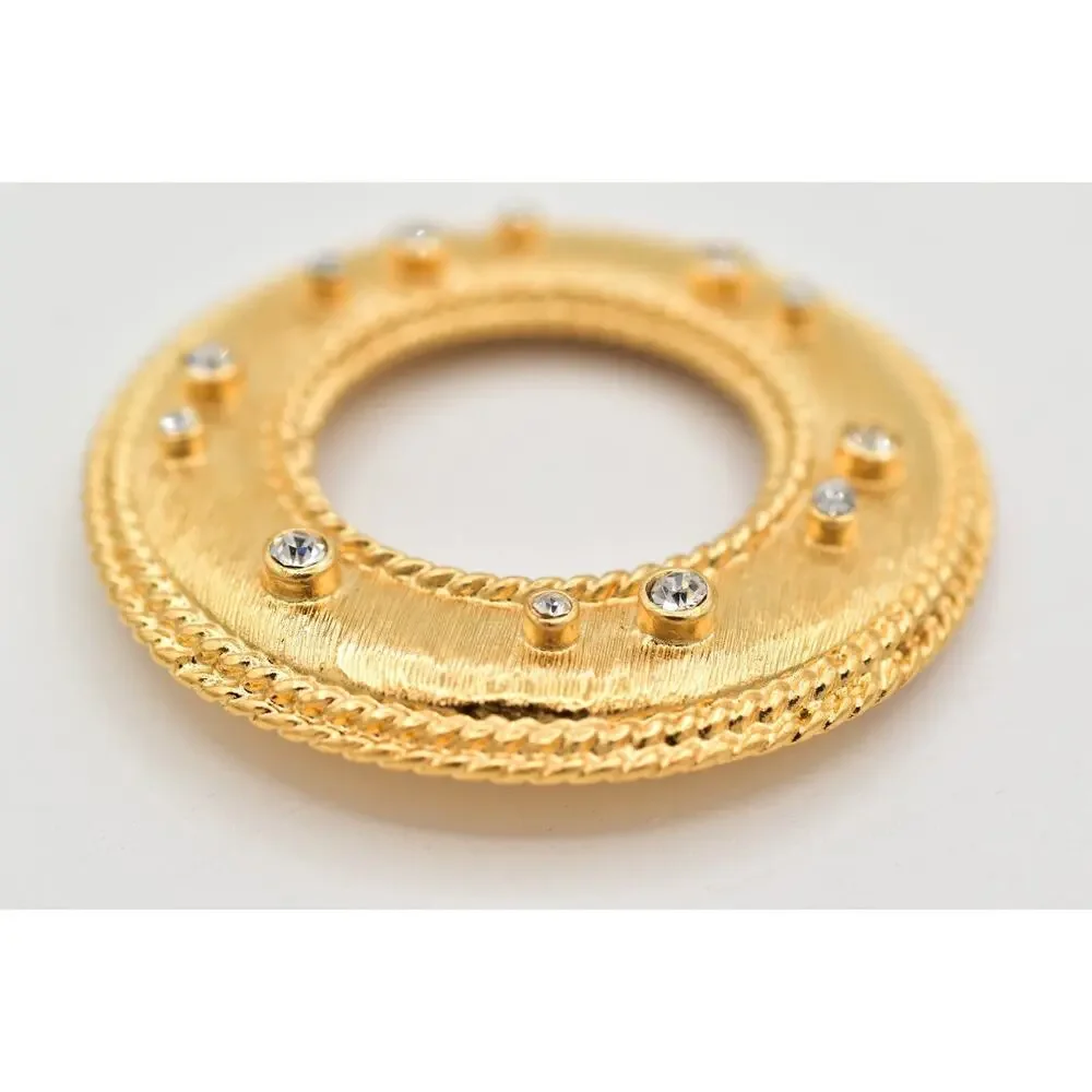 Vintage Chunky Round Pin Brooch Textured Matte Rhinestone Crystal Heavy 1980s 9B
